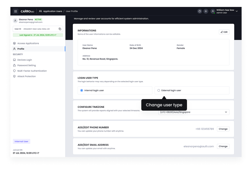 SSO Dashboard - Change User Type